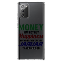 DistinctInk® Clear Shockproof Hybrid Case for Apple iPhone / Samsung Galaxy / Google Pixel - Money Can't Buy Happiness, Rather Cry in Jaguar