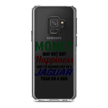 DistinctInk® Clear Shockproof Hybrid Case for Apple iPhone / Samsung Galaxy / Google Pixel - Money Can't Buy Happiness, Rather Cry in Jaguar