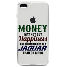 DistinctInk® Clear Shockproof Hybrid Case for Apple iPhone / Samsung Galaxy / Google Pixel - Money Can't Buy Happiness, Rather Cry in Jaguar