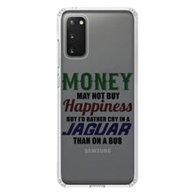 DistinctInk® Clear Shockproof Hybrid Case for Apple iPhone / Samsung Galaxy / Google Pixel - Money Can't Buy Happiness, Rather Cry in Jaguar