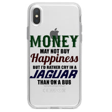 DistinctInk® Clear Shockproof Hybrid Case for Apple iPhone / Samsung Galaxy / Google Pixel - Money Can't Buy Happiness, Rather Cry in Jaguar