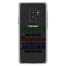 DistinctInk® Clear Shockproof Hybrid Case for Apple iPhone / Samsung Galaxy / Google Pixel - Money Can't Buy Happiness, Rather Cry in Jaguar