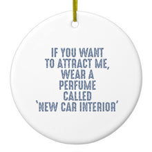 DistinctInk® Hanging Ceramic Christmas Tree Ornament with Gold String - Great Gift / Present - 2 3/4 inch Diameter - Wear Perfume Called "New Car Interior"