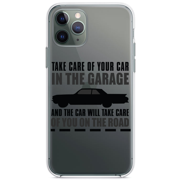 DistinctInk® Clear Shockproof Hybrid Case for Apple iPhone / Samsung Galaxy / Google Pixel - Take Care of the Car, Car Take Care of the Road