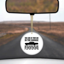 DistinctInk® Hanging Ceramic Christmas Tree Ornament with Gold String - Great Gift / Present - 2 3/4 inch Diameter - Take Care of the Car, Car Take Care of the Road