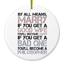 DistinctInk® Hanging Ceramic Christmas Tree Ornament with Gold String - Great Gift / Present - 2 3/4 inch Diameter - Marry - Good Wife Become Happy