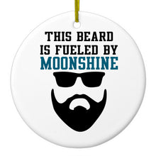 DistinctInk® Hanging Ceramic Christmas Tree Ornament with Gold String - Great Gift / Present - 2 3/4 inch Diameter - This Beard is Fueled by Moonshine