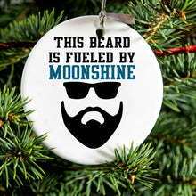 DistinctInk® Hanging Ceramic Christmas Tree Ornament with Gold String - Great Gift / Present - 2 3/4 inch Diameter - This Beard is Fueled by Moonshine