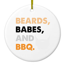 DistinctInk® Hanging Ceramic Christmas Tree Ornament with Gold String - Great Gift / Present - 2 3/4 inch Diameter - Beards, Babes And BBQ