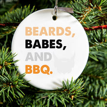 DistinctInk® Hanging Ceramic Christmas Tree Ornament with Gold String - Great Gift / Present - 2 3/4 inch Diameter - Beards, Babes And BBQ