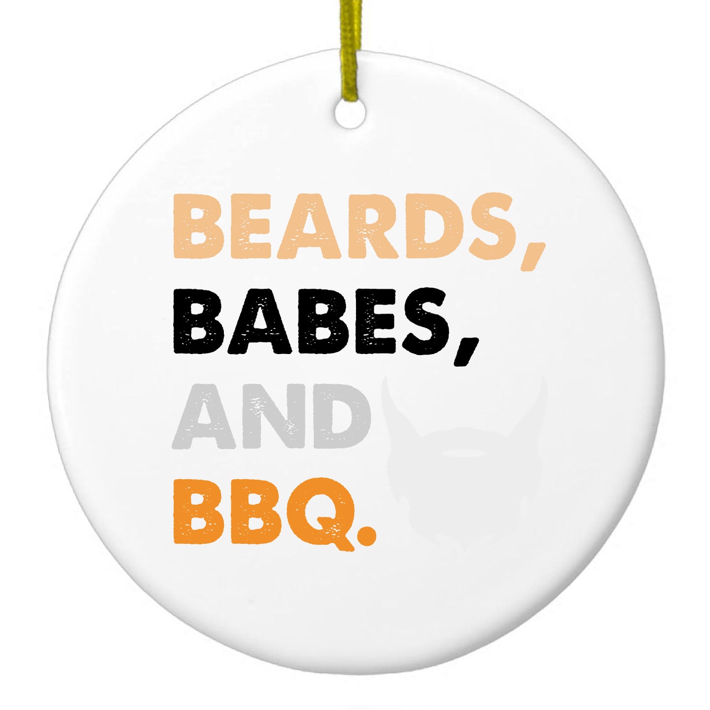 DistinctInk® Hanging Ceramic Christmas Tree Ornament with Gold String - Great Gift / Present - 2 3/4 inch Diameter - Beards, Babes And BBQ