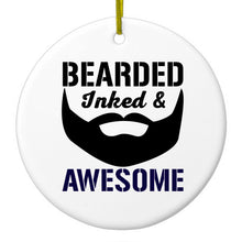 DistinctInk® Hanging Ceramic Christmas Tree Ornament with Gold String - Great Gift / Present - 2 3/4 inch Diameter - Bearded Inked & Awesome