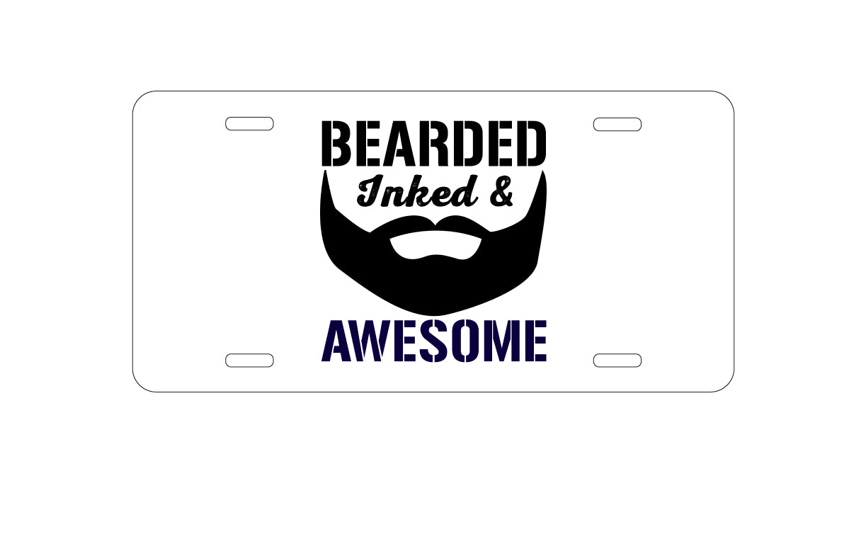 DistinctInk Custom Aluminum Decorative Vanity Front License Plate - Bearded Inked & Awesome