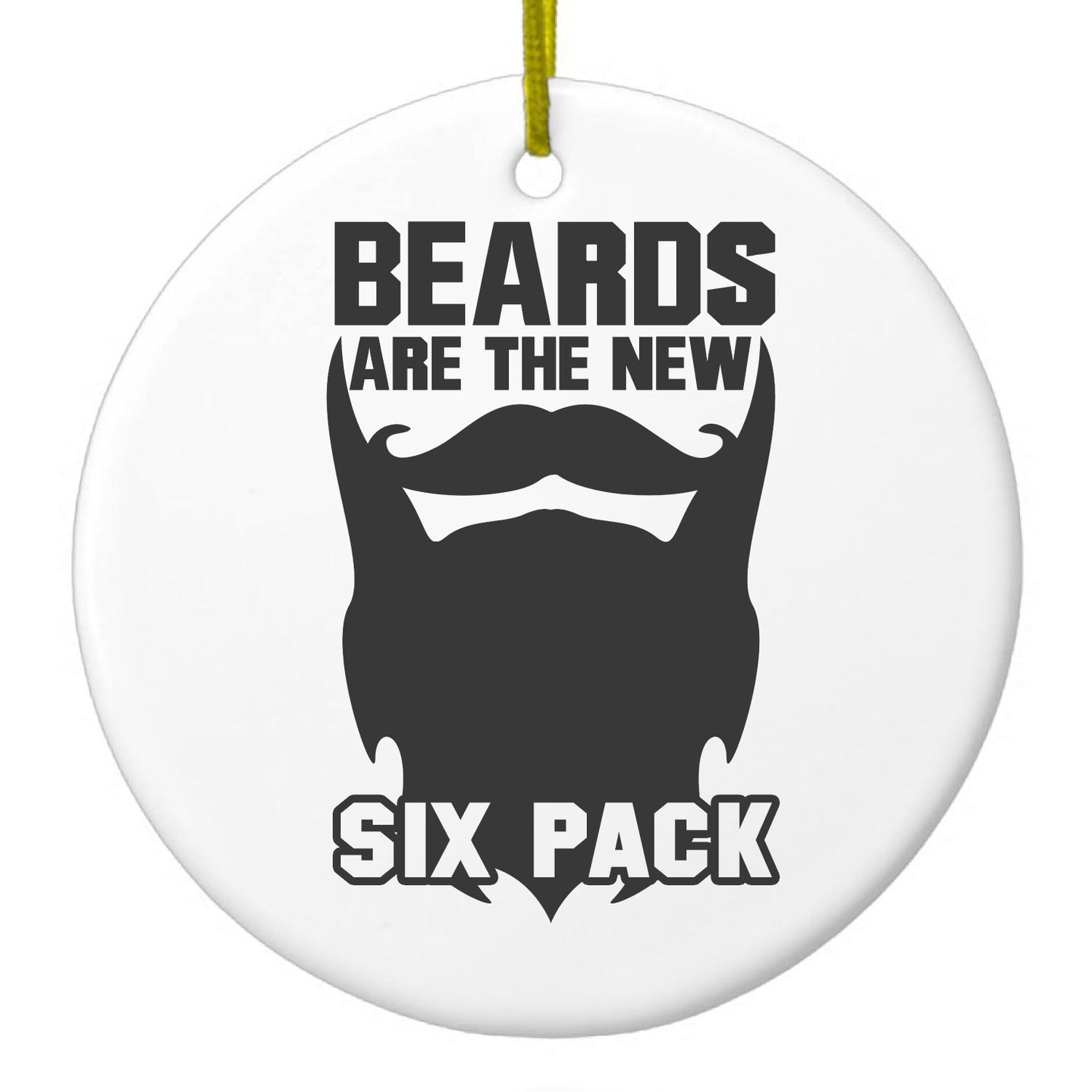 DistinctInk® Hanging Ceramic Christmas Tree Ornament with Gold String - Great Gift / Present - 2 3/4 inch Diameter - Beards are the New Six Pack