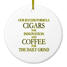 DistinctInk® Hanging Ceramic Christmas Tree Ornament with Gold String - Great Gift / Present - 2 3/4 inch Diameter - Success Formula - Cigars & Coffee