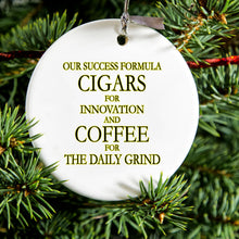 DistinctInk® Hanging Ceramic Christmas Tree Ornament with Gold String - Great Gift / Present - 2 3/4 inch Diameter - Success Formula - Cigars & Coffee