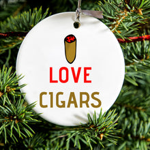 DistinctInk® Hanging Ceramic Christmas Tree Ornament with Gold String - Great Gift / Present - 2 3/4 inch Diameter - I Love Cigars