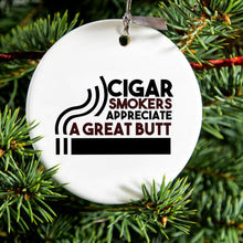 DistinctInk® Hanging Ceramic Christmas Tree Ornament with Gold String - Great Gift / Present - 2 3/4 inch Diameter - Cigar Smokers Appreciate a Great Butt