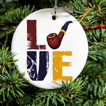 DistinctInk® Hanging Ceramic Christmas Tree Ornament with Gold String - Great Gift / Present - 2 3/4 inch Diameter - Love Pipe Smoking