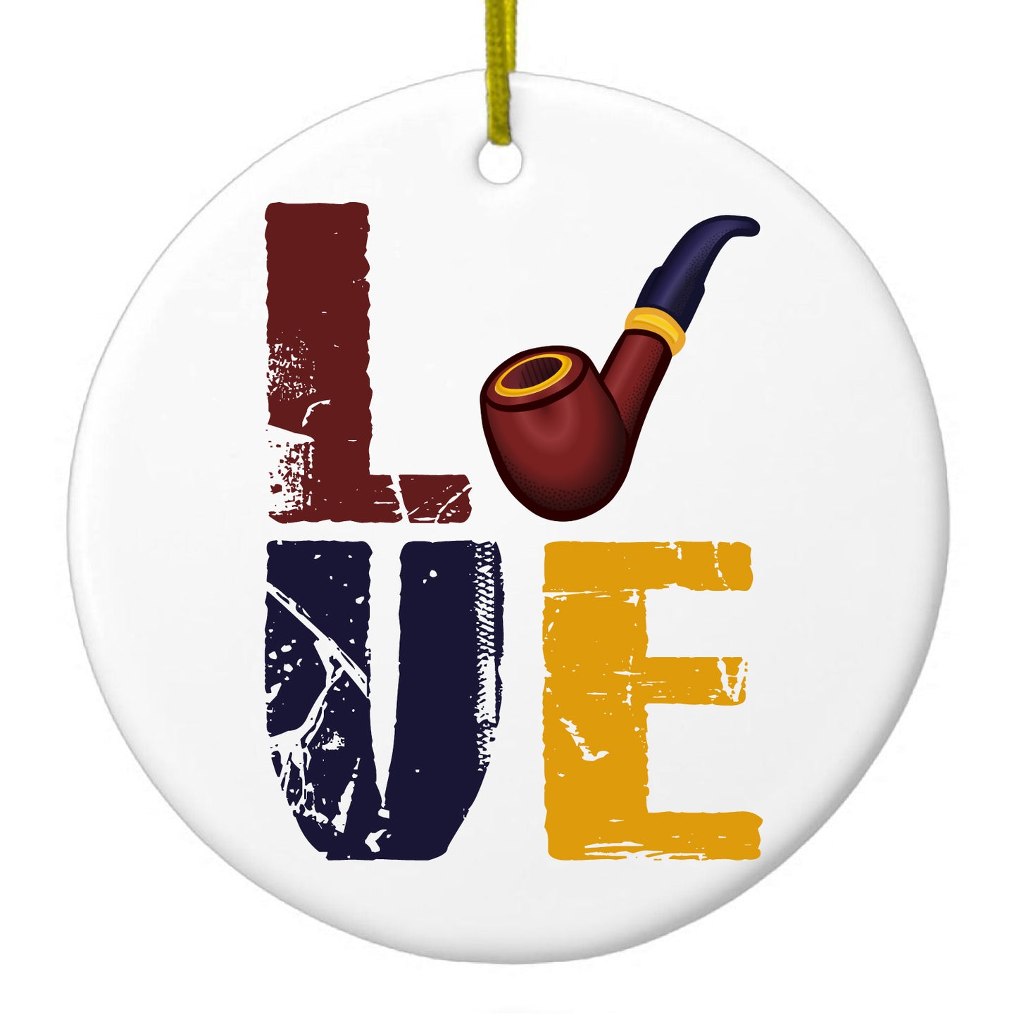 DistinctInk® Hanging Ceramic Christmas Tree Ornament with Gold String - Great Gift / Present - 2 3/4 inch Diameter - Love Pipe Smoking