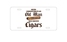 DistinctInk Custom Aluminum Decorative Vanity Front License Plate - Never Underestimate Old Man Who Smokes Cigars