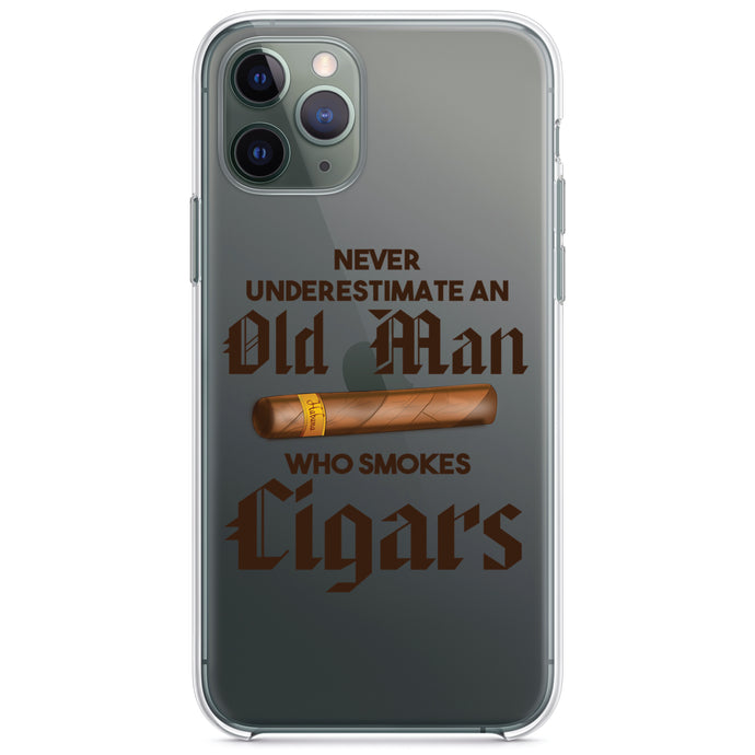 DistinctInk® Clear Shockproof Hybrid Case for Apple iPhone / Samsung Galaxy / Google Pixel - Never Underestimate Old Man Who Smokes Cigars