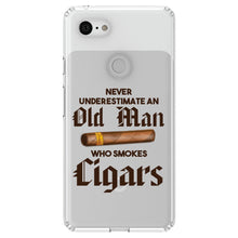 DistinctInk® Clear Shockproof Hybrid Case for Apple iPhone / Samsung Galaxy / Google Pixel - Never Underestimate Old Man Who Smokes Cigars