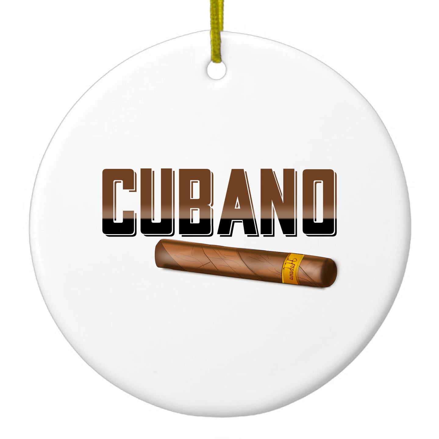DistinctInk® Hanging Ceramic Christmas Tree Ornament with Gold String - Great Gift / Present - 2 3/4 inch Diameter - Cubano.  Cigars