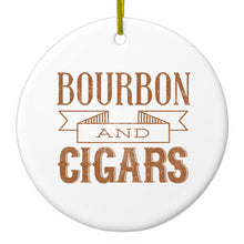 DistinctInk® Hanging Ceramic Christmas Tree Ornament with Gold String - Great Gift / Present - 2 3/4 inch Diameter - Bourbon and Cigars