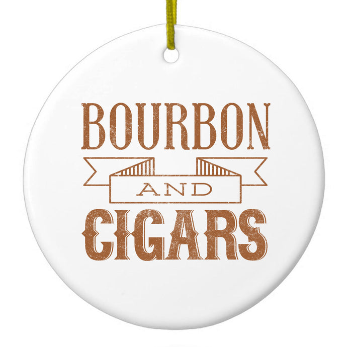 DistinctInk® Hanging Ceramic Christmas Tree Ornament with Gold String - Great Gift / Present - 2 3/4 inch Diameter - Bourbon and Cigars