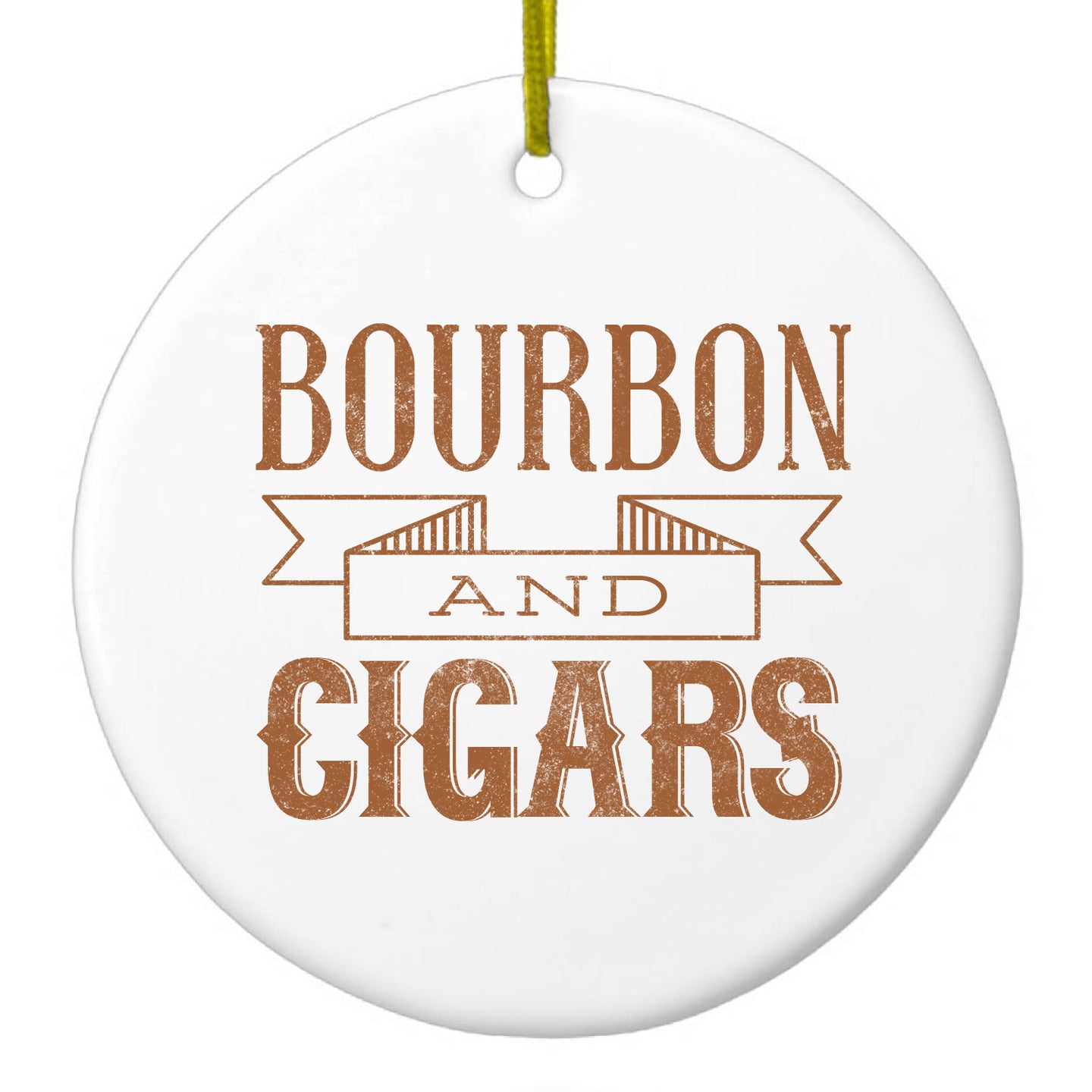 DistinctInk® Hanging Ceramic Christmas Tree Ornament with Gold String - Great Gift / Present - 2 3/4 inch Diameter - Bourbon and Cigars