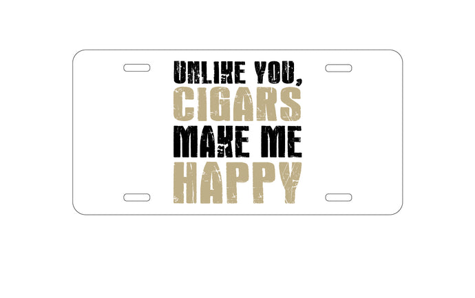 DistinctInk Custom Aluminum Decorative Vanity Front License Plate - Unlike You, Cigars Make Me Happy
