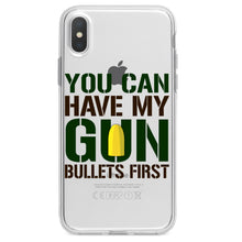 DistinctInk® Clear Shockproof Hybrid Case for Apple iPhone / Samsung Galaxy / Google Pixel - You Can Have My Gun.  Bullets First