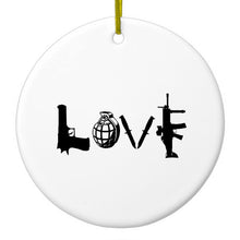 DistinctInk® Hanging Ceramic Christmas Tree Ornament with Gold String - Great Gift / Present - 2 3/4 inch Diameter - Love Guns
