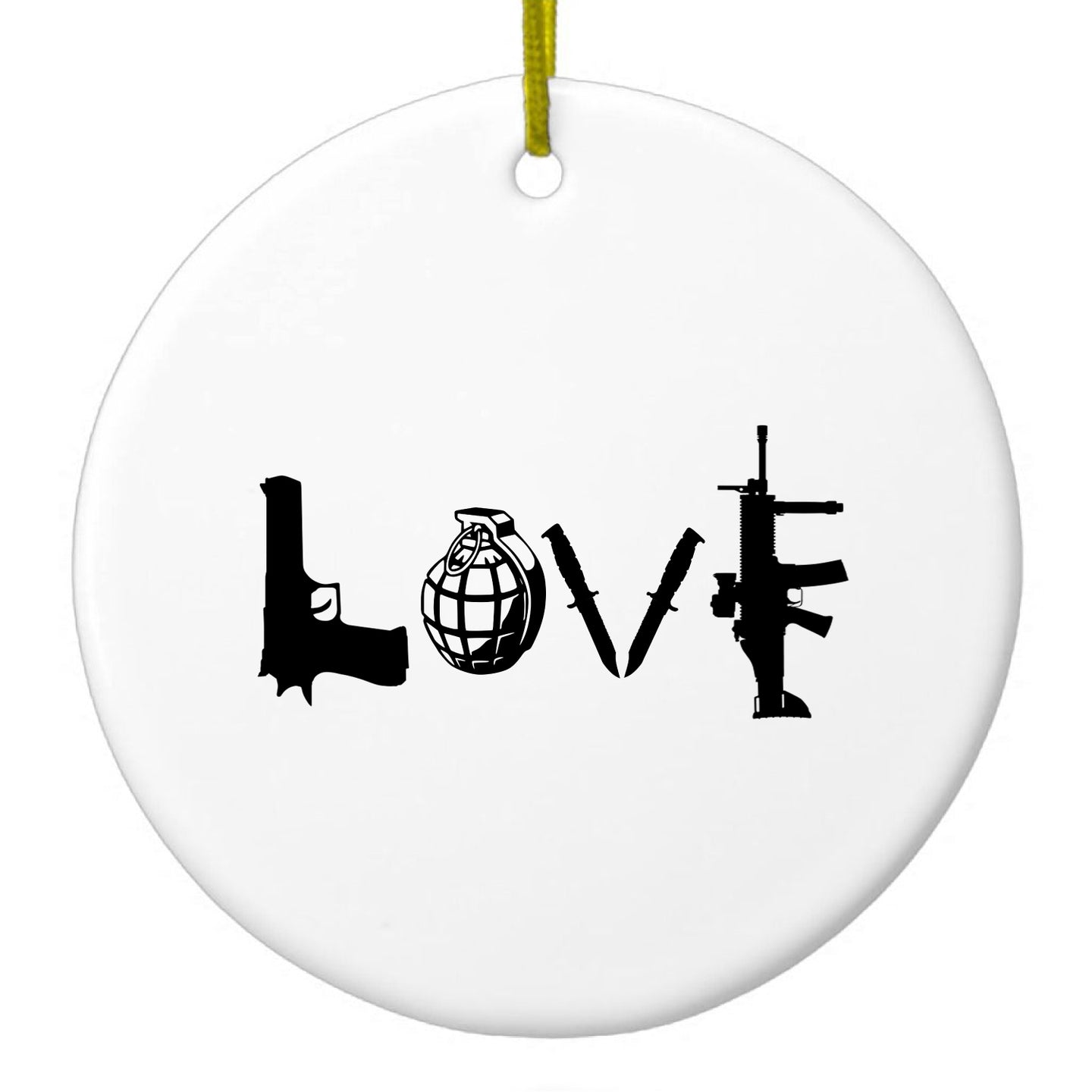 DistinctInk® Hanging Ceramic Christmas Tree Ornament with Gold String - Great Gift / Present - 2 3/4 inch Diameter - Love Guns