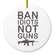 DistinctInk® Hanging Ceramic Christmas Tree Ornament with Gold String - Great Gift / Present - 2 3/4 inch Diameter - Ban Idiots, Not Guns
