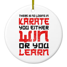 DistinctInk® Hanging Ceramic Christmas Tree Ornament with Gold String - Great Gift / Present - 2 3/4 inch Diameter - No Losing in Karate - Win Or Learn