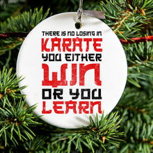 DistinctInk® Hanging Ceramic Christmas Tree Ornament with Gold String - Great Gift / Present - 2 3/4 inch Diameter - No Losing in Karate - Win Or Learn