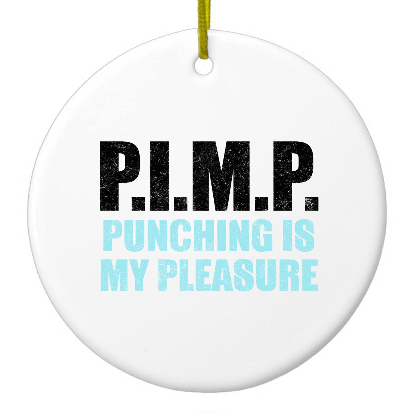 DistinctInk® Hanging Ceramic Christmas Tree Ornament with Gold String - Great Gift / Present - 2 3/4 inch Diameter - PIMP - Punching Is My Pleasure