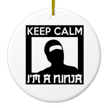 DistinctInk® Hanging Ceramic Christmas Tree Ornament with Gold String - Great Gift / Present - 2 3/4 inch Diameter - Keep Calm I'm a Ninja