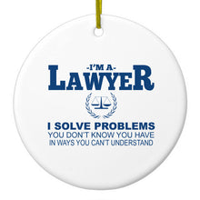 DistinctInk® Hanging Ceramic Christmas Tree Ornament with Gold String - Great Gift / Present - 2 3/4 inch Diameter - I'm A Lawyer - Solve Problems You Don't Know