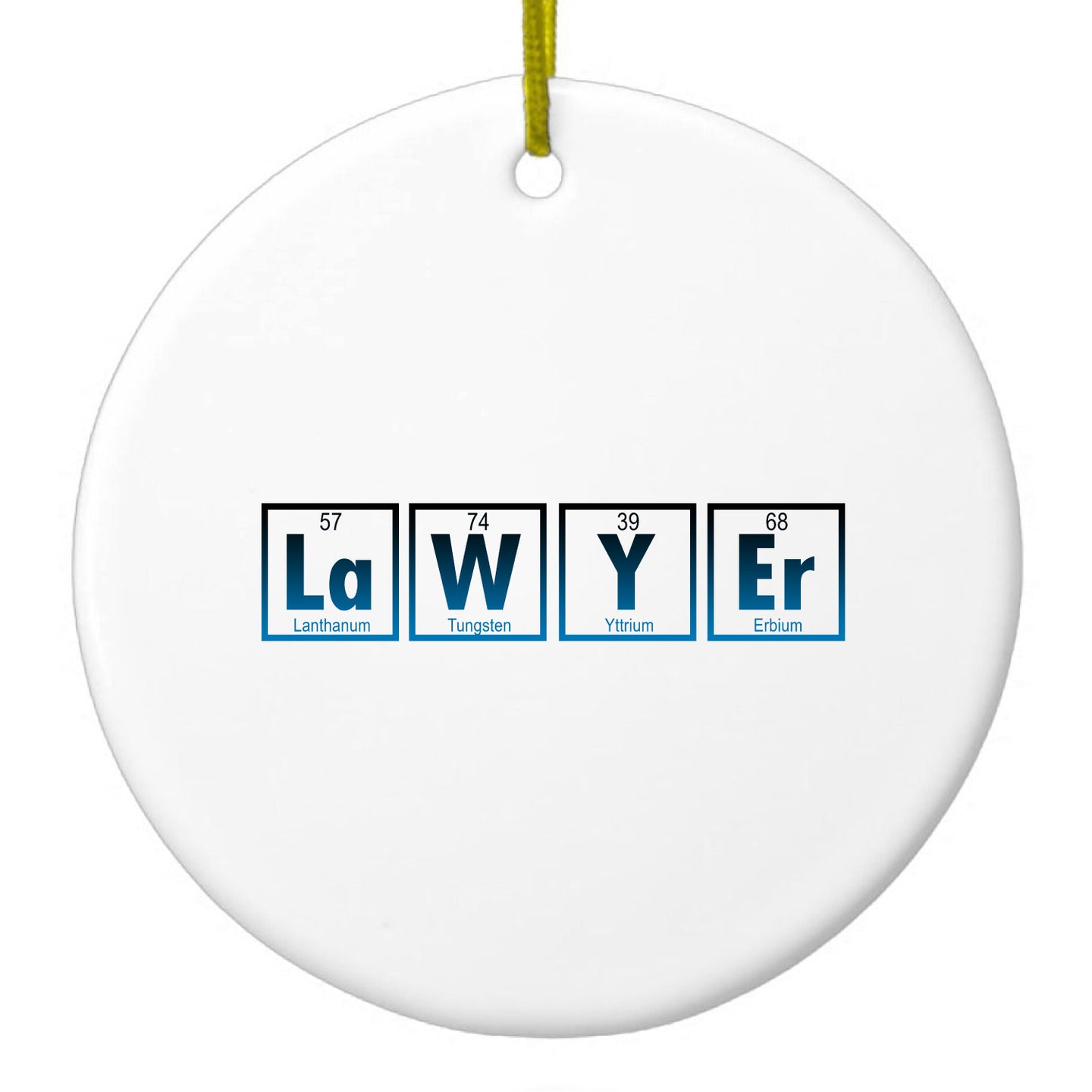 DistinctInk® Hanging Ceramic Christmas Tree Ornament with Gold String - Great Gift / Present - 2 3/4 inch Diameter - Lawyer Elements Periodic Table