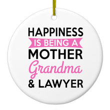DistinctInk® Hanging Ceramic Christmas Tree Ornament with Gold String - Great Gift / Present - 2 3/4 inch Diameter - Happiness is Being a Mother Grandma Lawyer