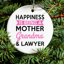 DistinctInk® Hanging Ceramic Christmas Tree Ornament with Gold String - Great Gift / Present - 2 3/4 inch Diameter - Happiness is Being a Mother Grandma Lawyer