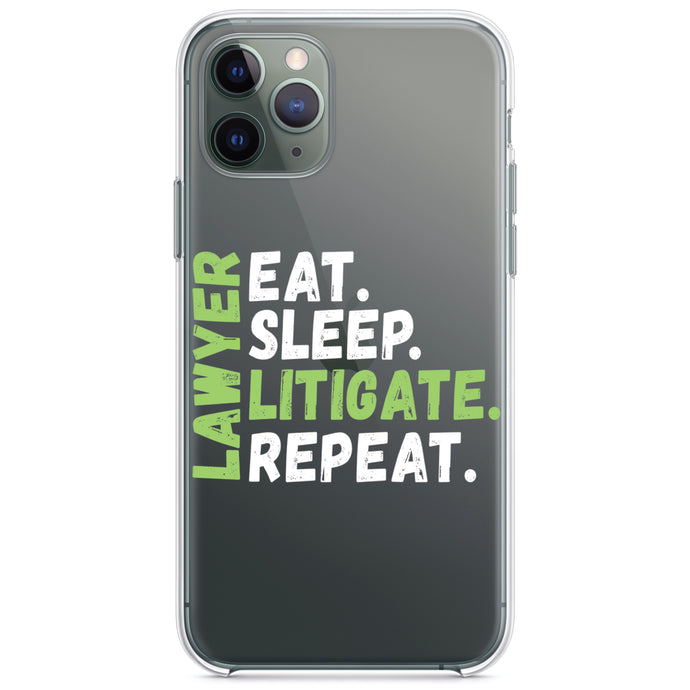 DistinctInk® Clear Shockproof Hybrid Case for Apple iPhone / Samsung Galaxy / Google Pixel - Lawyer Eat Sleep Litigate Repeat