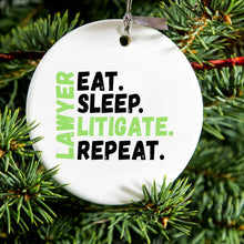 DistinctInk® Hanging Ceramic Christmas Tree Ornament with Gold String - Great Gift / Present - 2 3/4 inch Diameter - Lawyer Eat Sleep Litigate Repeat