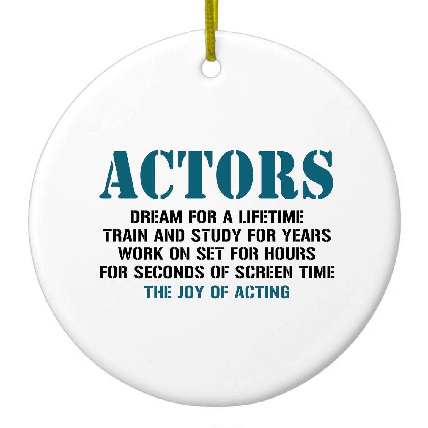 DistinctInk® Hanging Ceramic Christmas Tree Ornament with Gold String - Great Gift / Present - 2 3/4 inch Diameter - Actors Dream Train Study Work for Screen Time
