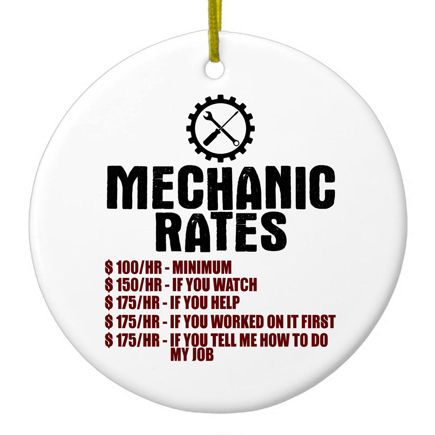 DistinctInk® Hanging Ceramic Christmas Tree Ornament with Gold String - Great Gift / Present - 2 3/4 inch Diameter - Mechanic Rates More If You Watch Help