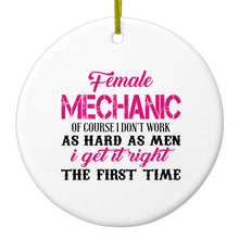 DistinctInk® Hanging Ceramic Christmas Tree Ornament with Gold String - Great Gift / Present - 2 3/4 inch Diameter - Female Mechanic Get It Right the First Time