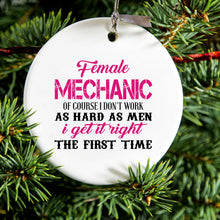 DistinctInk® Hanging Ceramic Christmas Tree Ornament with Gold String - Great Gift / Present - 2 3/4 inch Diameter - Female Mechanic Get It Right the First Time